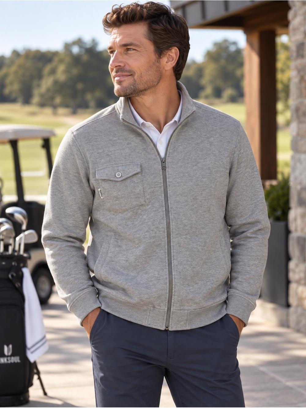 Linksoul Tempus Fugit Men’s Large Gray Full Zip Golf Sweatshirt Jacket